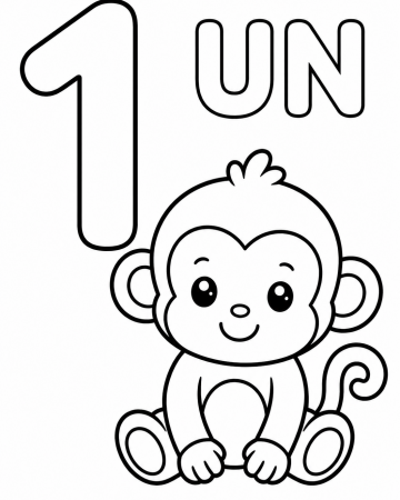 Coloriage Éducatif Chiffre 1 et Petit Singe Mignon à Imprimer