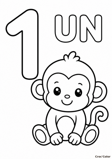 Coloriage Éducatif Chiffre 1 et Petit Singe Mignon à Imprimer
