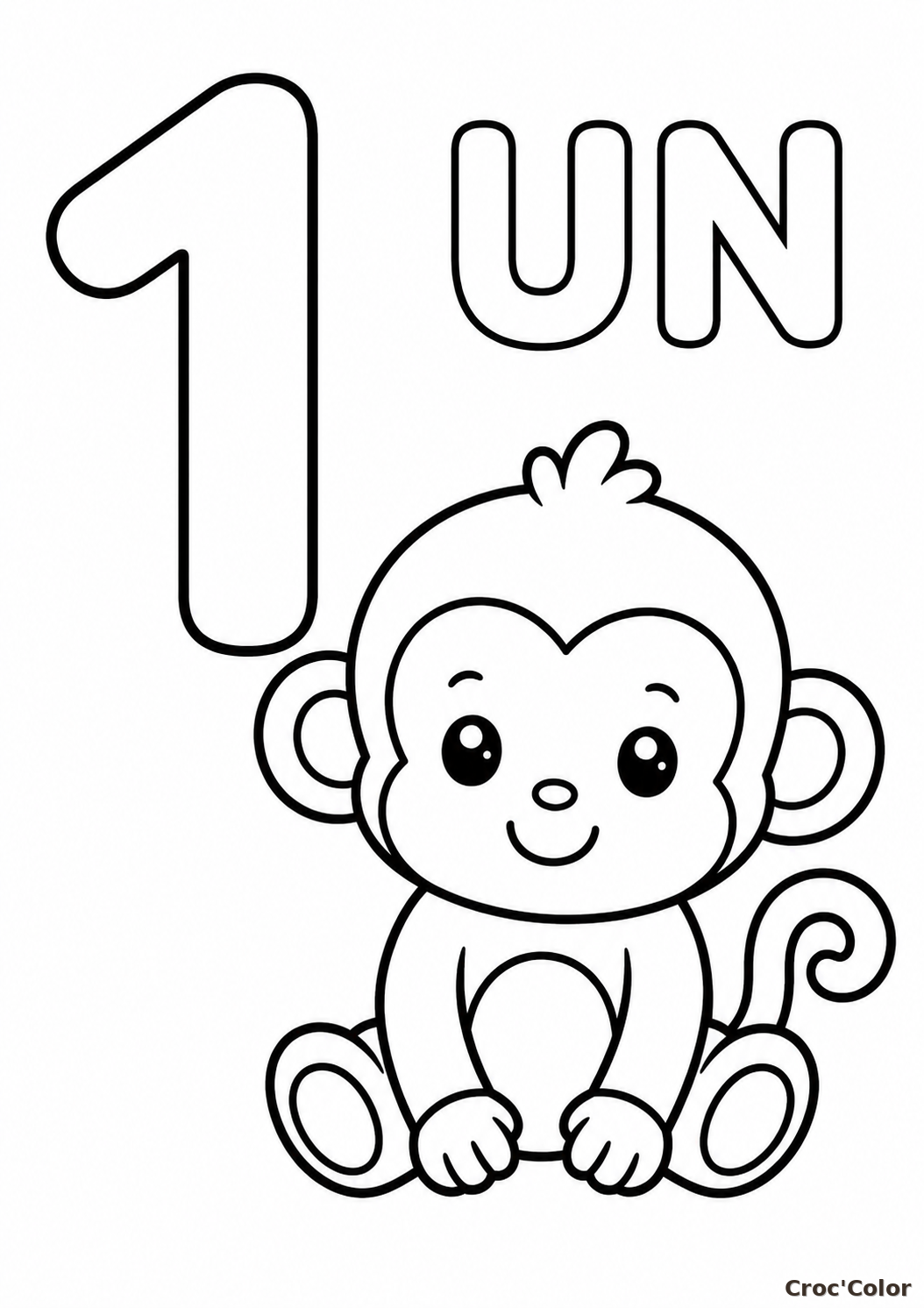 Coloriage Éducatif Chiffre 1 et Petit Singe Mignon à Imprimer