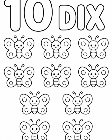 Coloriage Éducatif Chiffre 10 et Dix Papillons Mignons à Imprimer