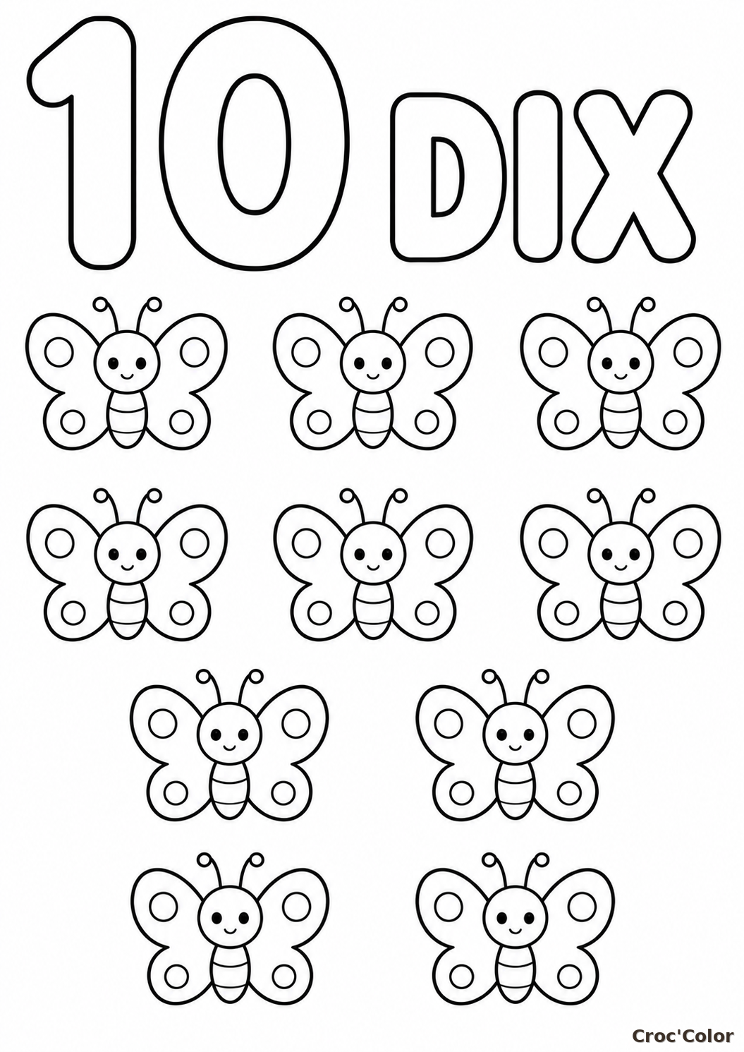 Coloriage Éducatif Chiffre 10 et Dix Papillons Mignons à Imprimer