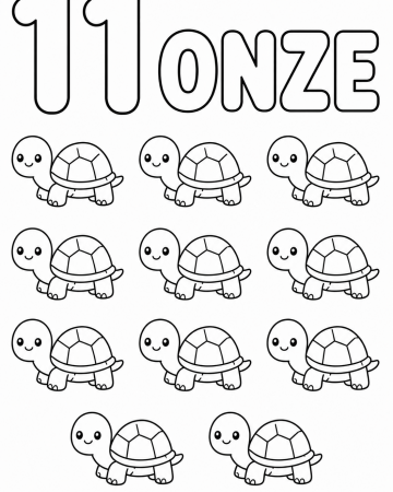 Coloriage Éducatif Chiffre 11 et Onze Tortues Rigolotes à Imprimer