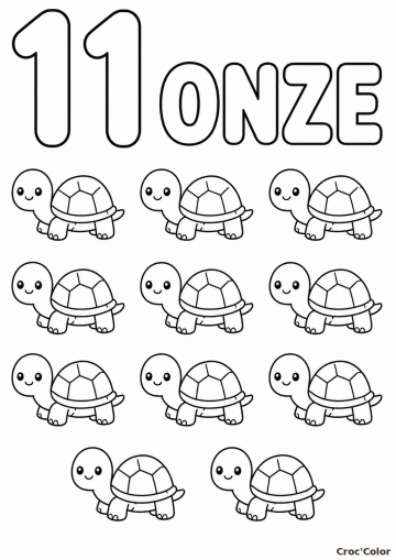 Coloriage Éducatif Chiffre 11 et Onze Tortues Rigolotes à Imprimer