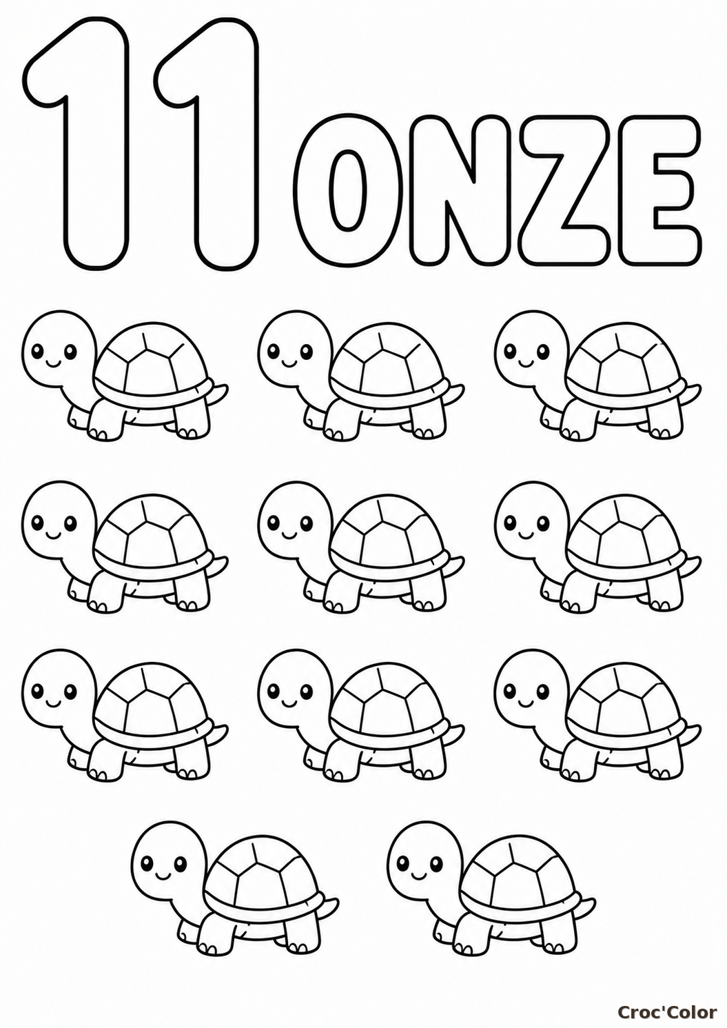Coloriage Éducatif Chiffre 11 et Onze Tortues Rigolotes à Imprimer