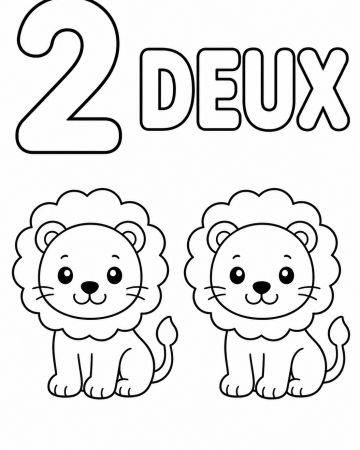 Coloriage Éducatif Chiffre 2 et Deux Lionceaux Mignons à Imprimer