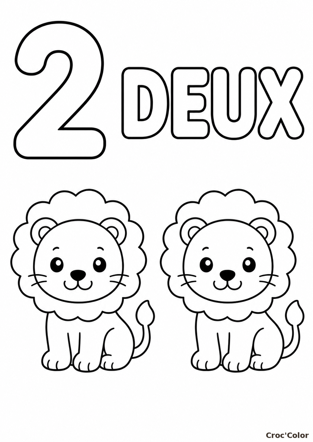 Coloriage Éducatif Chiffre 2 et Deux Lionceaux Mignons à Imprimer