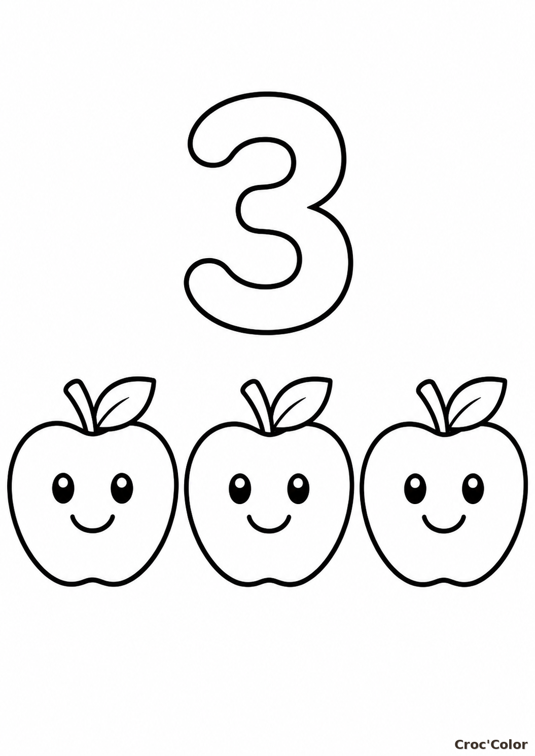 Coloriage Chiffre 3 Facile Maternelle - Dessin Apprendre à Compter et Pommes à Imprimer Gratuit