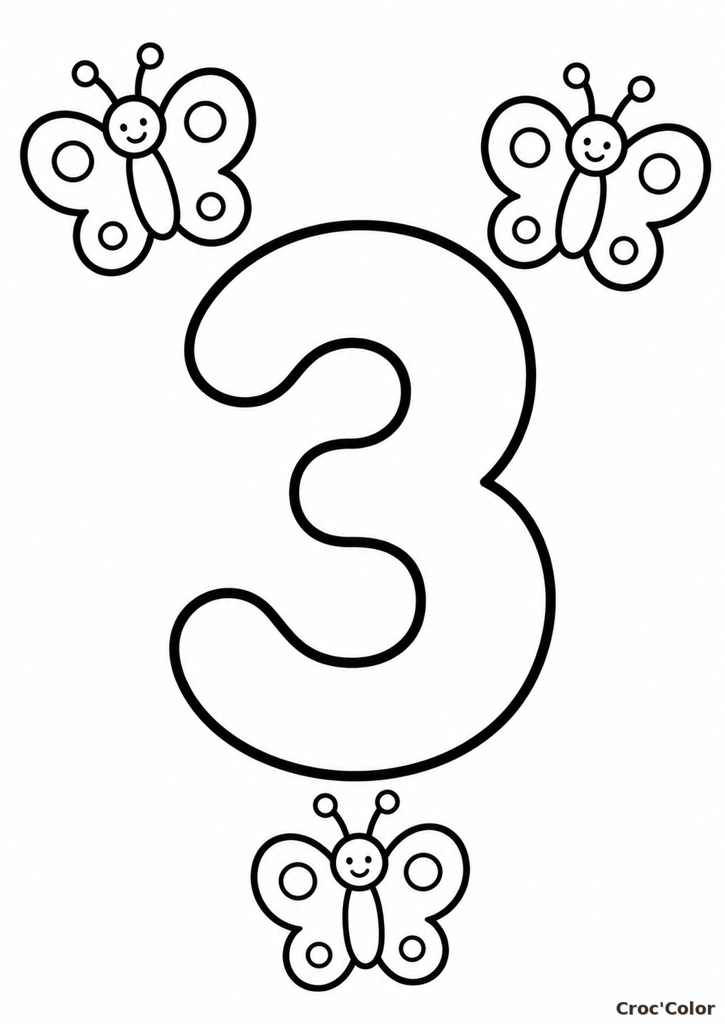 Coloriage Chiffre 3 Facile Maternelle - Dessin Chiffre Trois et Papillons à Imprimer