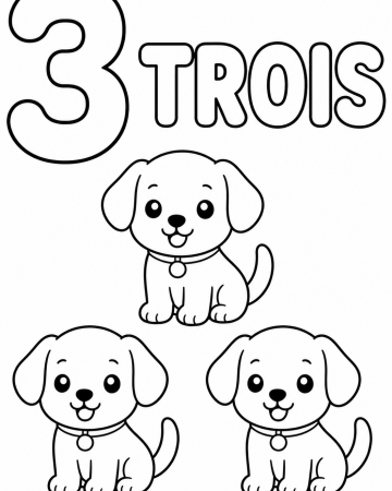 Coloriage Éducatif Chiffre 3 et Trois Petits Chiens à Imprimer