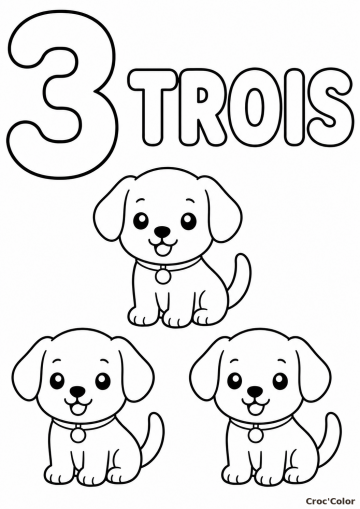 Coloriage Éducatif Chiffre 3 et Trois Petits Chiens à Imprimer