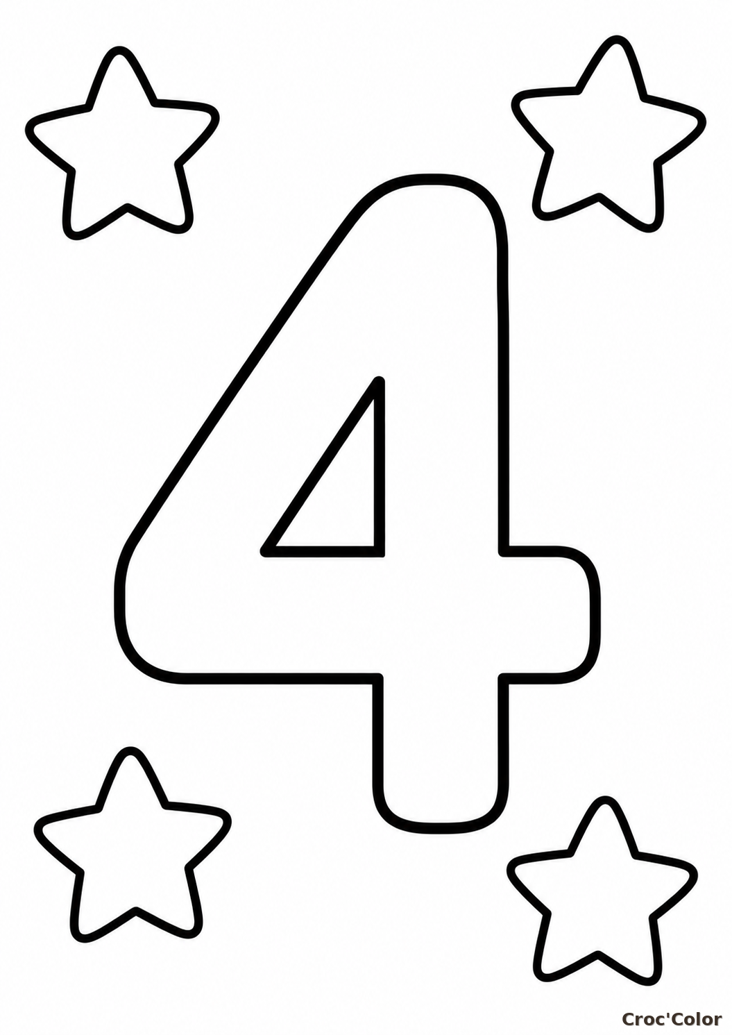 Coloriage Chiffre 4 Facile Maternelle - Dessin Chiffre Quatre et Étoiles à Imprimer