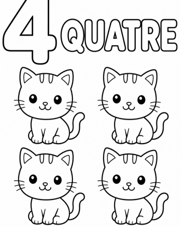 Coloriage Éducatif Chiffre 4 et Quatre Petits Chats à Imprimer