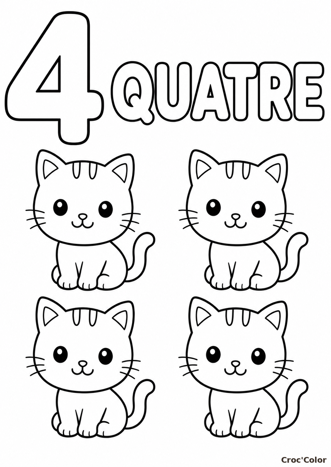 Coloriage Éducatif Chiffre 4 et Quatre Petits Chats à Imprimer