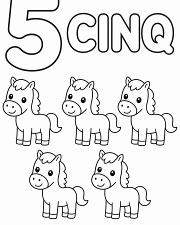 Coloriage Éducatif Chiffre 5 et Cinq Petits Chevaux à Imprimer