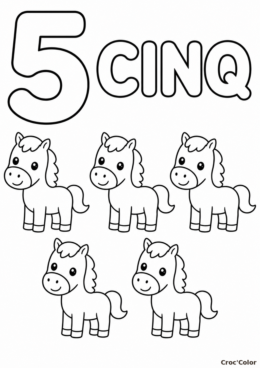 Coloriage Éducatif Chiffre 5 et Cinq Petits Chevaux à Imprimer