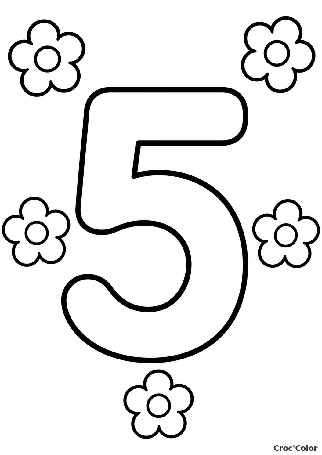 Coloriage Chiffre 5 Facile Maternelle - Dessin Chiffre Cinq et Fleurs à Imprimer