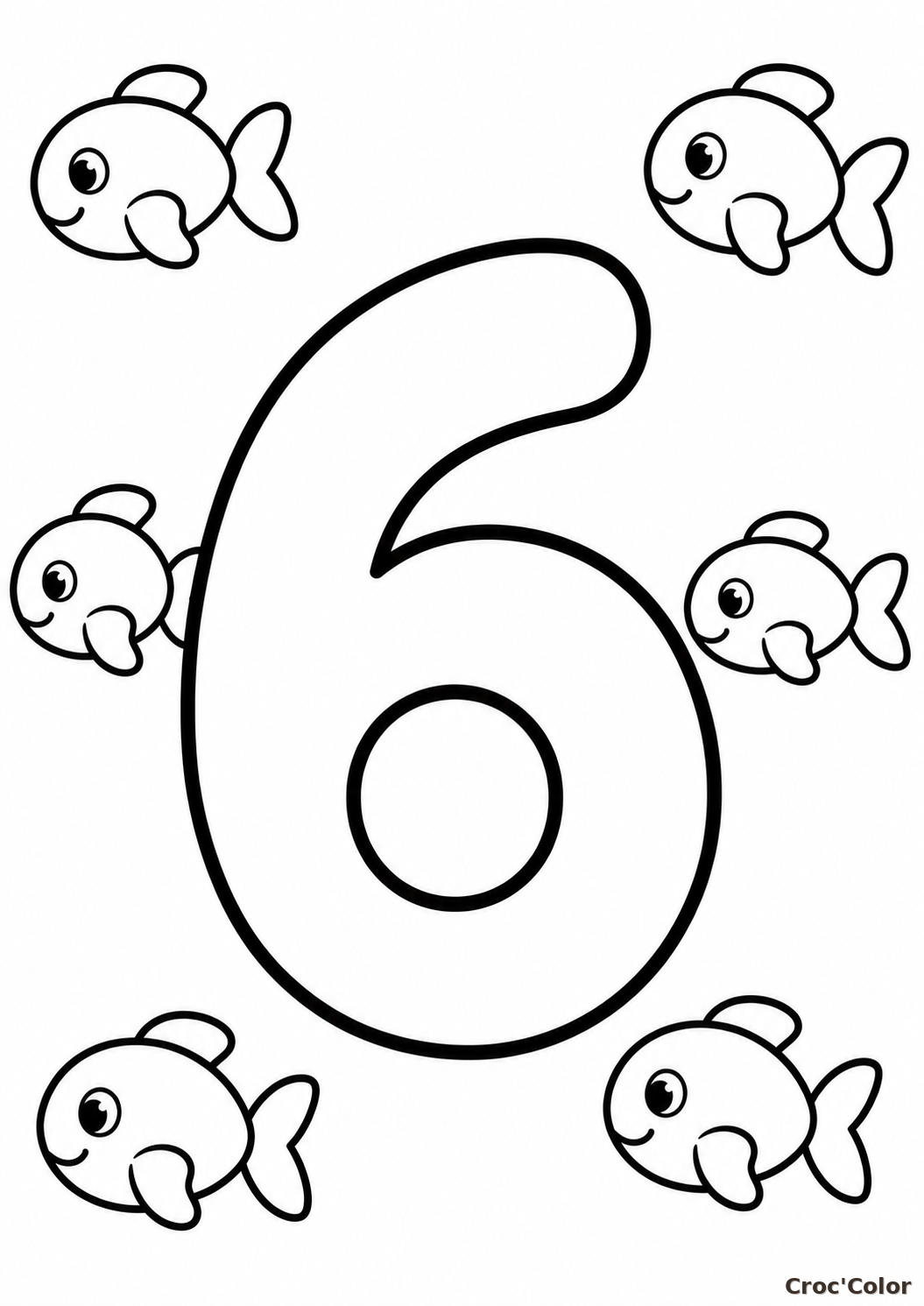 Coloriage Chiffre 6 Facile Maternelle - Dessin Chiffre Six et Poissons à Imprimer