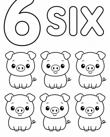 Coloriage Éducatif Chiffre 6 et Six Petits Cochons Mignons à Imprimer