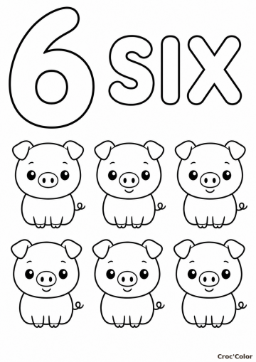 Coloriage Éducatif Chiffre 6 et Six Petits Cochons Mignons à Imprimer