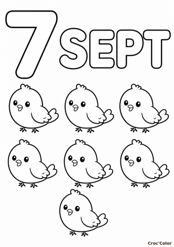 Coloriage Éducatif Chiffre 7 et Sept Petits Oiseaux à Imprimer