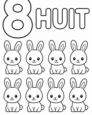 Coloriage Éducatif Chiffre 8 et Huit Petits Lapins à Imprimer