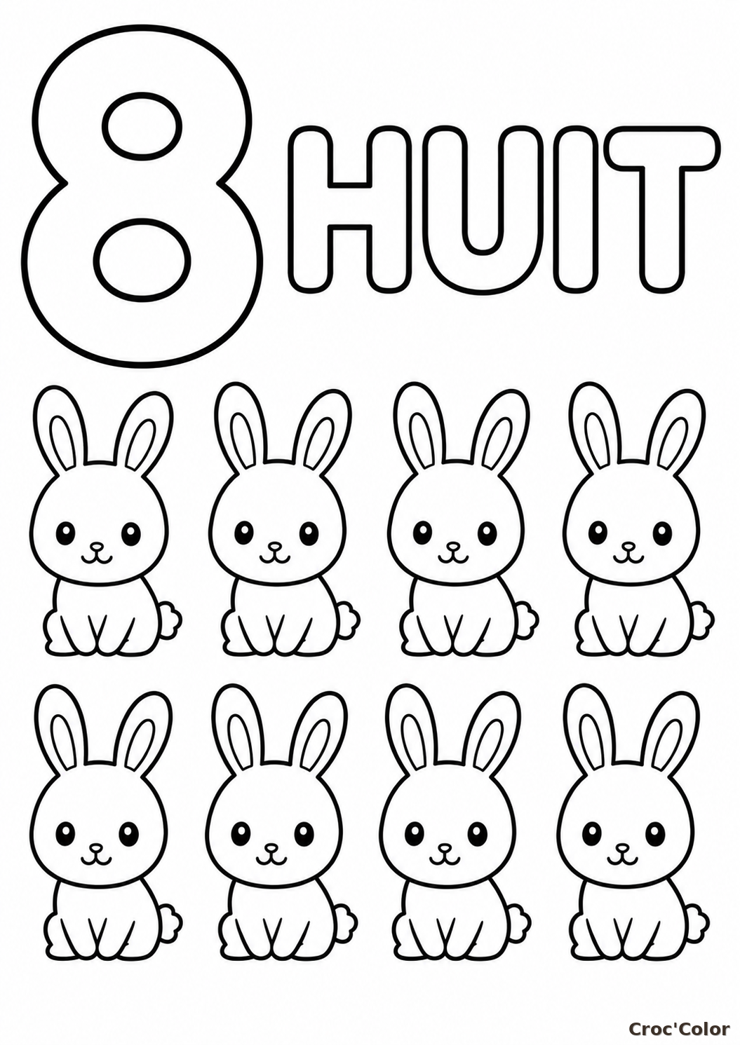 Coloriage Éducatif Chiffre 8 et Huit Petits Lapins à Imprimer