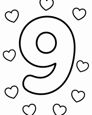 Coloriage Chiffre 9 Facile Maternelle - Dessin Chiffre Neuf et Cœurs à Imprimer