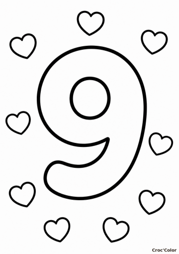 Coloriage Chiffre 9 Facile Maternelle - Dessin Chiffre Neuf et Cœurs à Imprimer