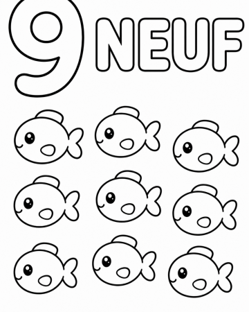 Coloriage Éducatif Chiffre 9 et Neuf Petits Poissons à Imprimer