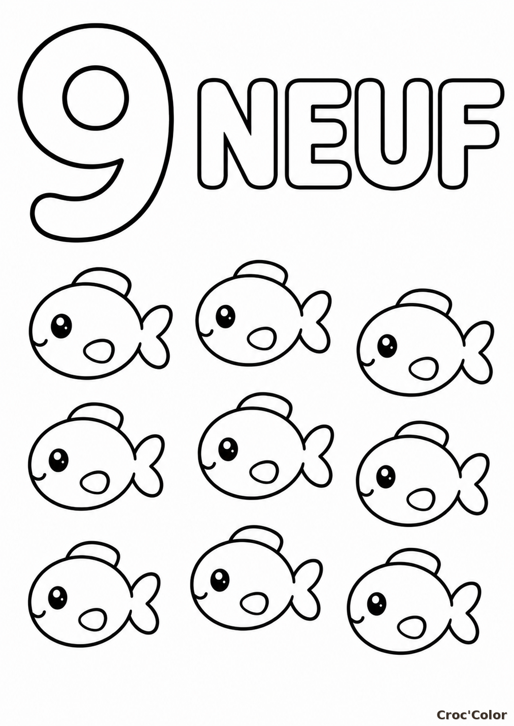Coloriage Éducatif Chiffre 9 et Neuf Petits Poissons à Imprimer