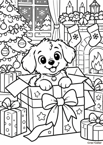 Coloriage Chiot Cadeau de Noël Facile - Dessin Chiot Mignon, Sapin Décoré, Cheminée et Paquets à Imprimer Gratuit