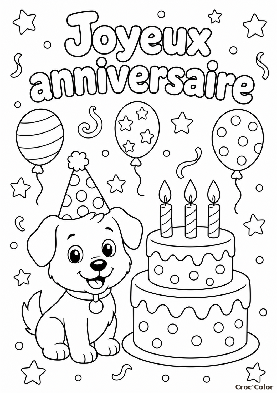 Coloriage Chiot Anniversaire et Gâteau - Dessin Joyeux Anniversaire Chien Maternelle à Imprimer Gratuit