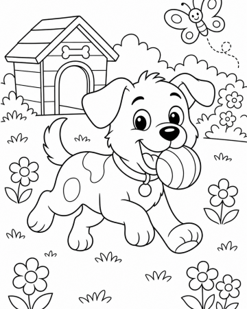 Coloriage Chiot Mignon avec sa Balle - Dessin Animaux de la Ferme et Jardin à Imprimer