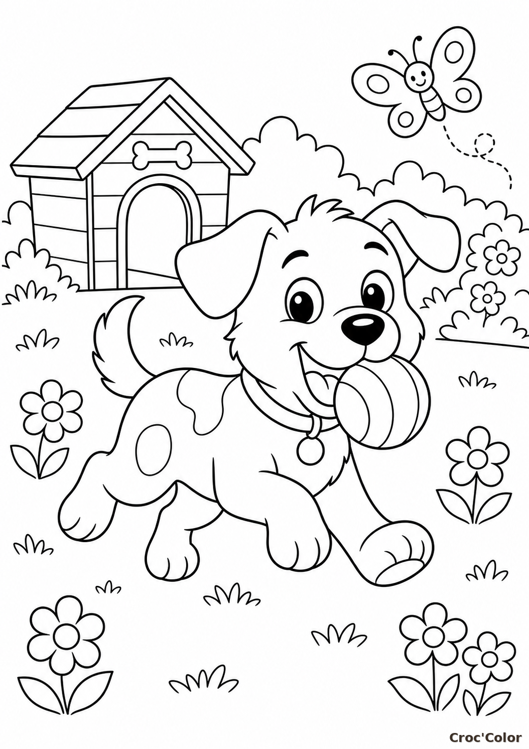 Coloriage Chiot Mignon avec sa Balle - Dessin Animaux de la Ferme et Jardin à Imprimer