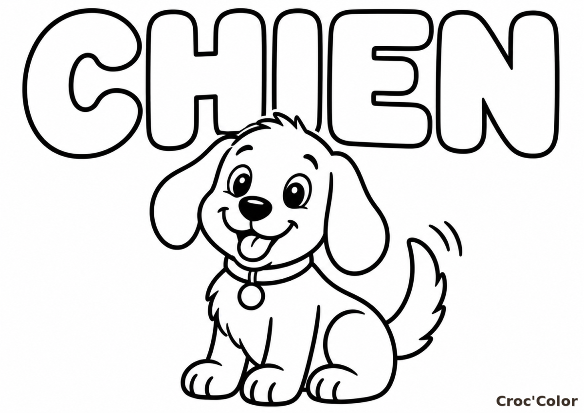 Coloriage Chiot Mignon Chien Facile - Dessin Petit Chien Assis, Collier et Mot à Imprimer Gratuit