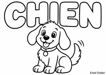 Coloriage Chiot Mignon Chien Facile – Dessin Petit Chien Assis, Collier et Mot à Imprimer Gratuit