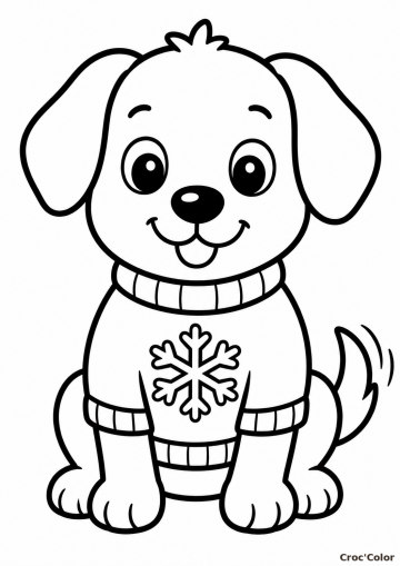 Coloriage Coloriage Chiot Pull d&rsquo;Hiver Facile Maternelle – Dessin Petit Chien, Pull Flocon de Neige à Imprimer Gratuit à imprimer