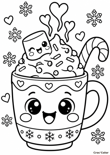Coloriage Chocolat Chaud Kawaii Facile - Dessin Tasse Gourmande, Marshmallow, Sucre d'Orge et Flocons à Imprimer Gratuit