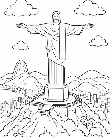 Coloriage Christ Rédempteur et Rio de Janeiro - Dessin Voyage à Imprimer