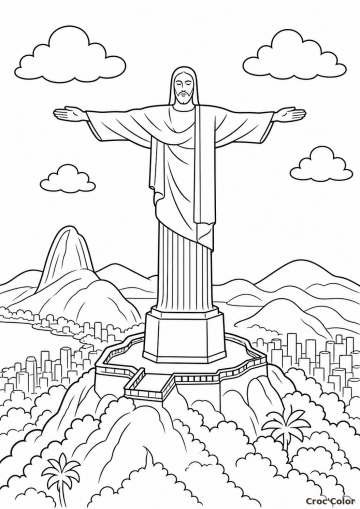 Coloriage Christ Rédempteur et Rio de Janeiro - Dessin Voyage à Imprimer
