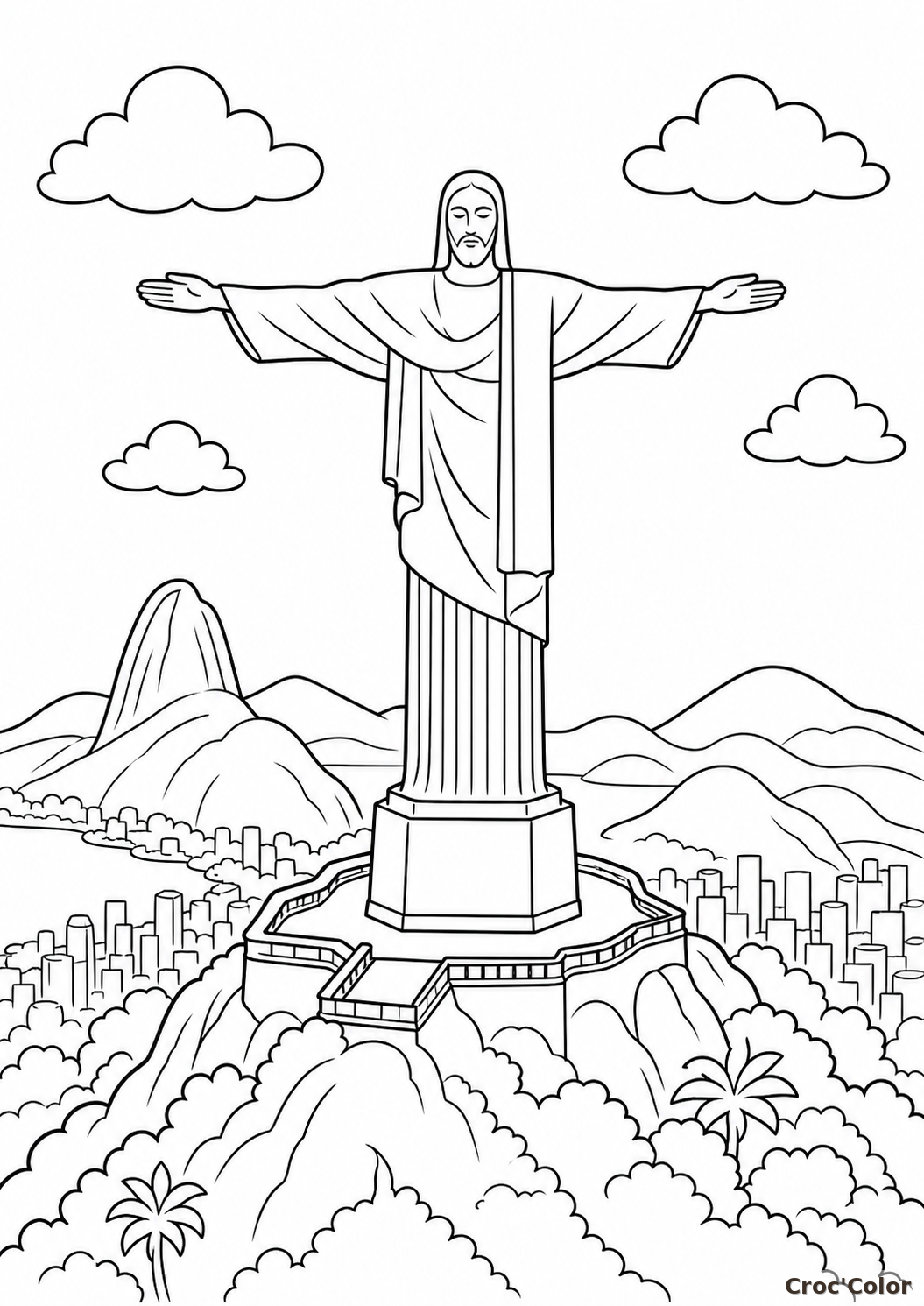 Coloriage Christ Rédempteur et Rio de Janeiro - Dessin Voyage à Imprimer