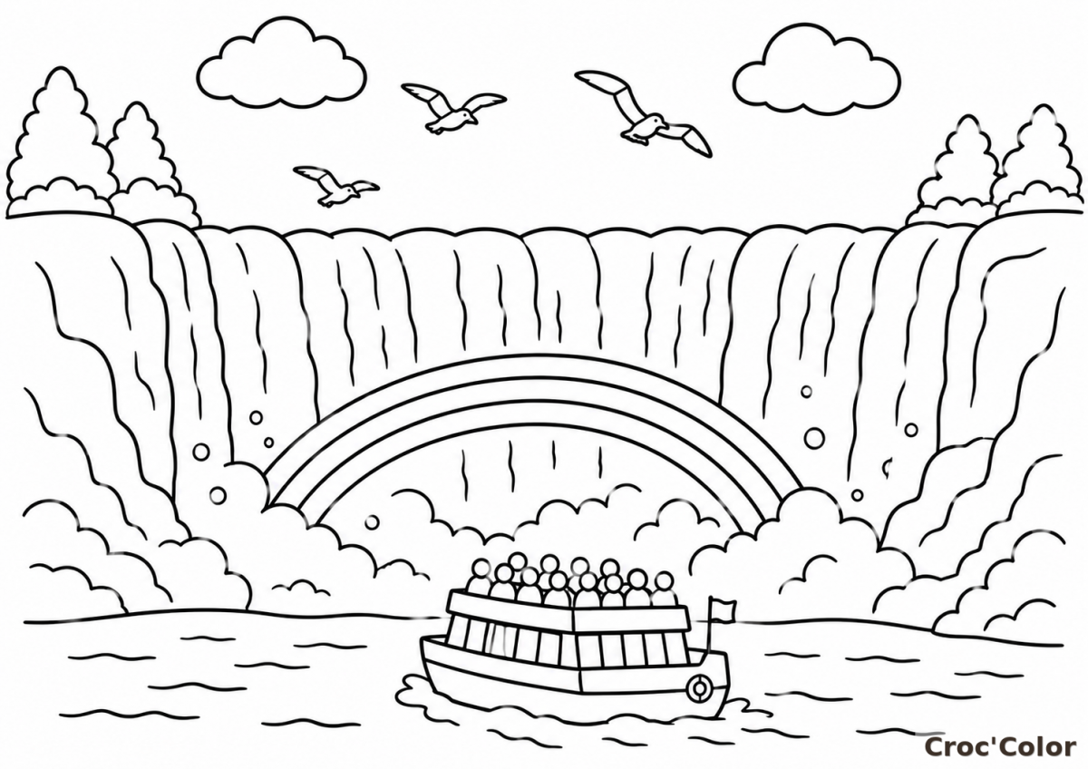 Coloriage Chutes du Niagara et Bateau - Dessin Chutes du Niagara, Arc-en-ciel et Bateau de Croisière à Imprimer Gratuit