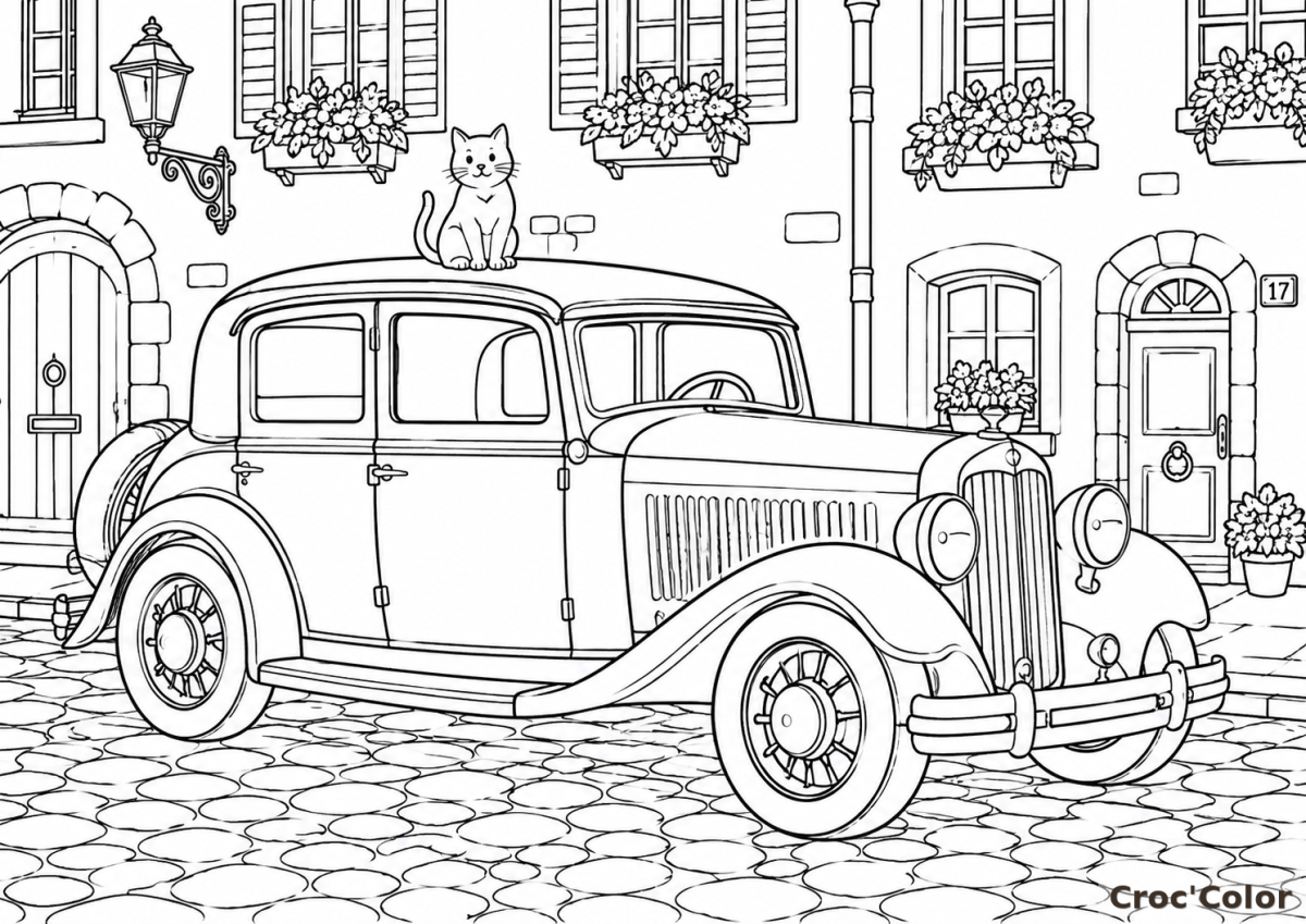 Coloriage Citroën Traction Avant et Chat Mignon Moyen - Dessin Voiture Ancienne de Collection, Ruelle Pavée et Façades à Imprimer Gratuit