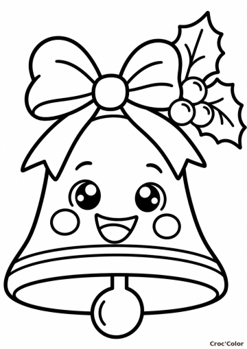 Coloriage Cloche de Noël Kawaii Facile Maternelle – Dessin Clochette Souriante, Grand Nœud et Houx à Imprimer Gratuit