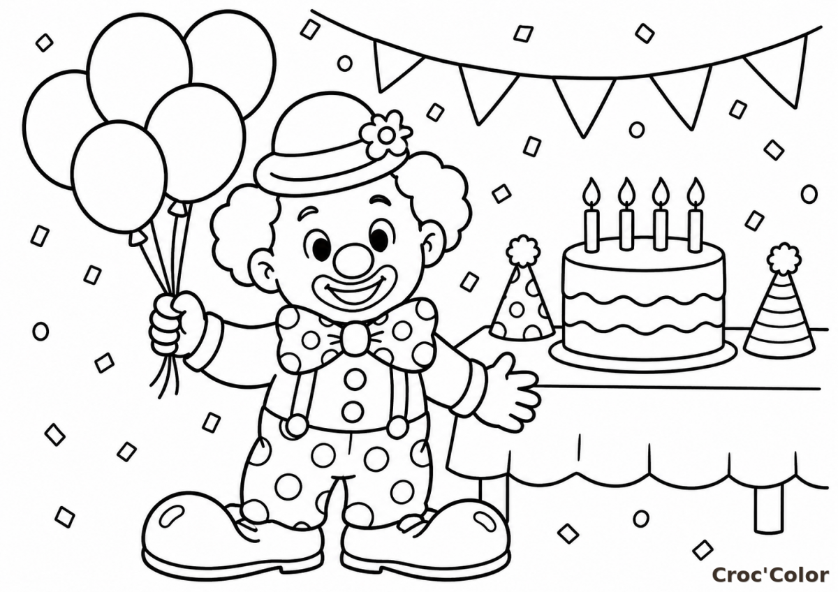 Coloriage Clown d'Anniversaire et Gâteau - Dessin Fête Joyeuse avec Ballons à Imprimer Gratuit