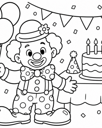 Coloriage Clown d'Anniversaire et Gâteau - Dessin Fête Joyeuse avec Ballons à Imprimer Gratuit