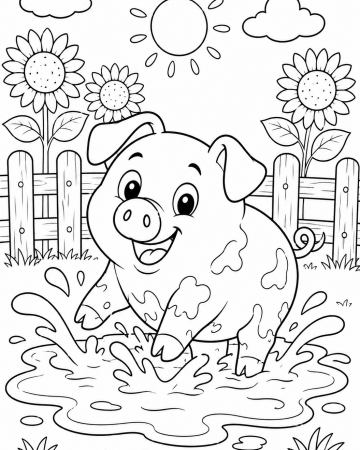 Coloriage Cochon Rigolo dans la Boue - Dessin Animaux de la Ferme à Imprimer Gratuit