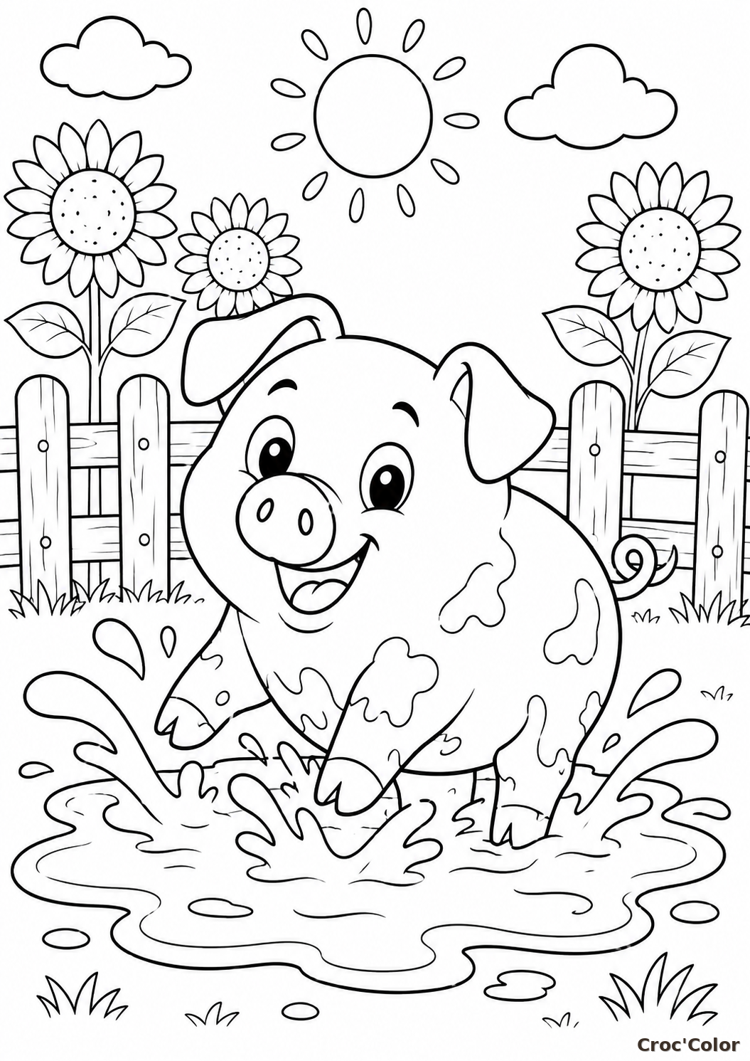 Coloriage Cochon Rigolo dans la Boue - Dessin Animaux de la Ferme à Imprimer Gratuit
