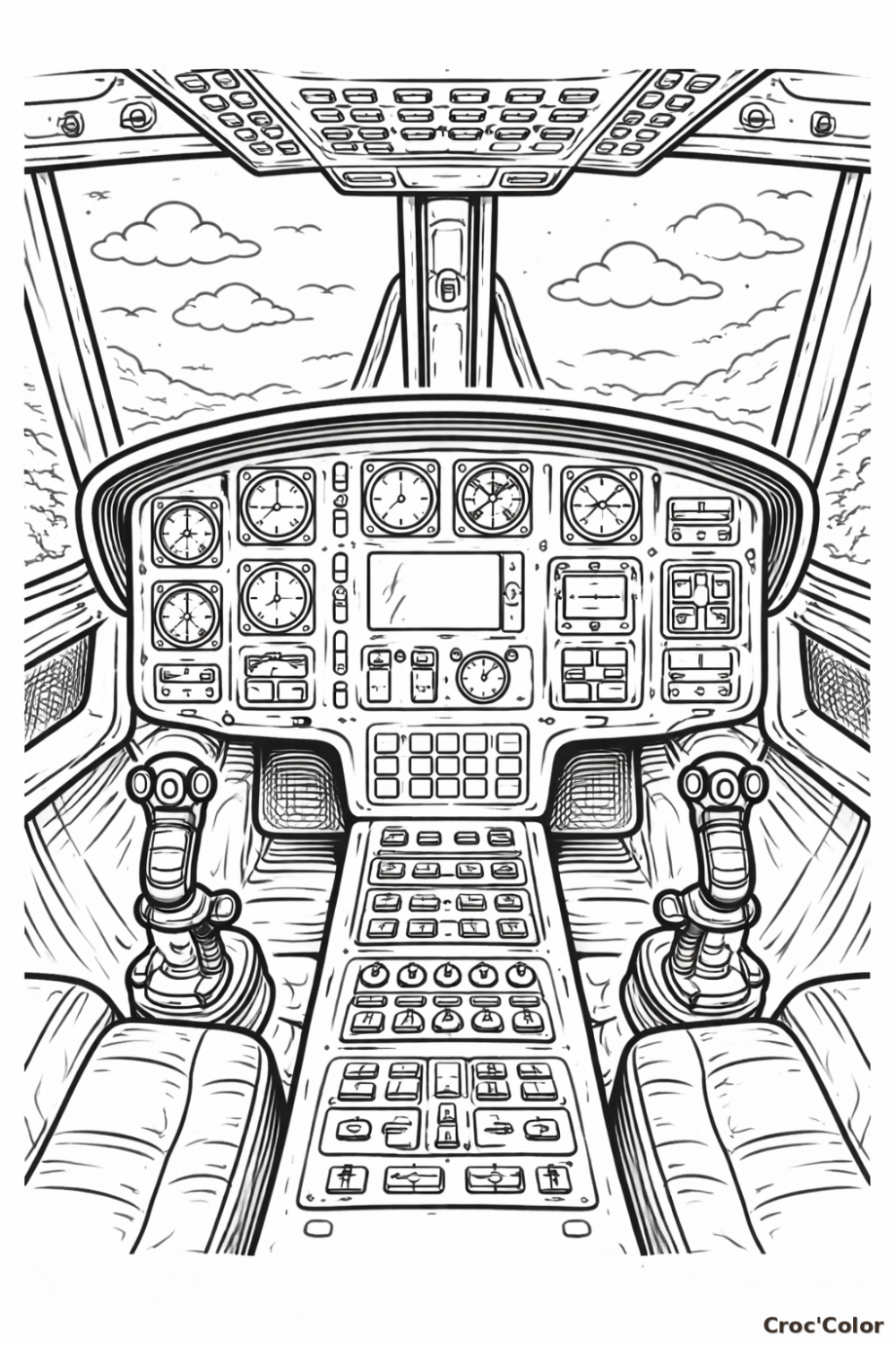 Coloriage Cockpit Hélicoptère et Avion Détaillé - Dessin Aviation Complexe à Imprimer