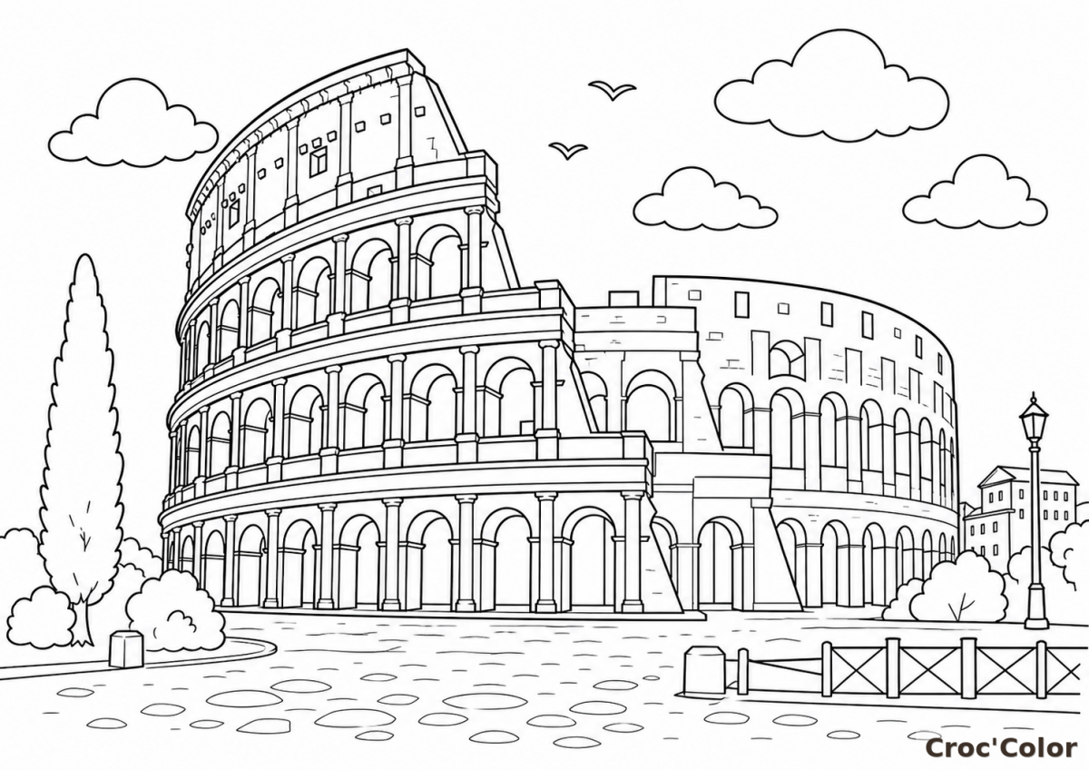 Coloriage Colisée de Rome - Dessin Monument Historique Italie à Imprimer